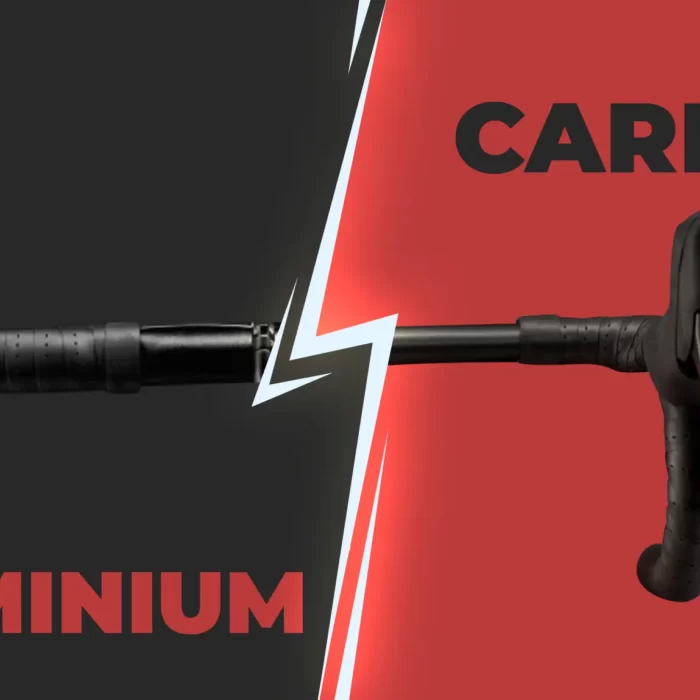 bicycle handlebar split in half, labeled with text “Carbon” and “Aluminum”.