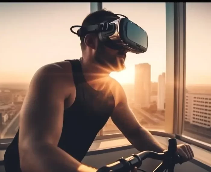 A man exercises indoors using a virtual reality device, with the sunset behind him.