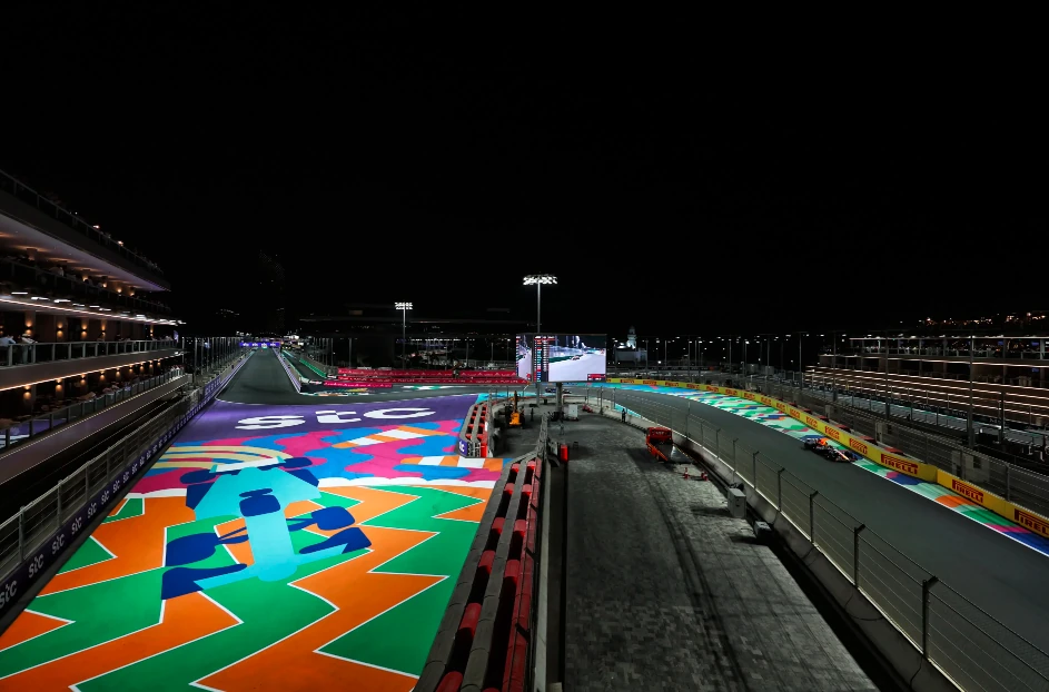 Jeddah Corniche Circuit at night during a Formula 1 race.