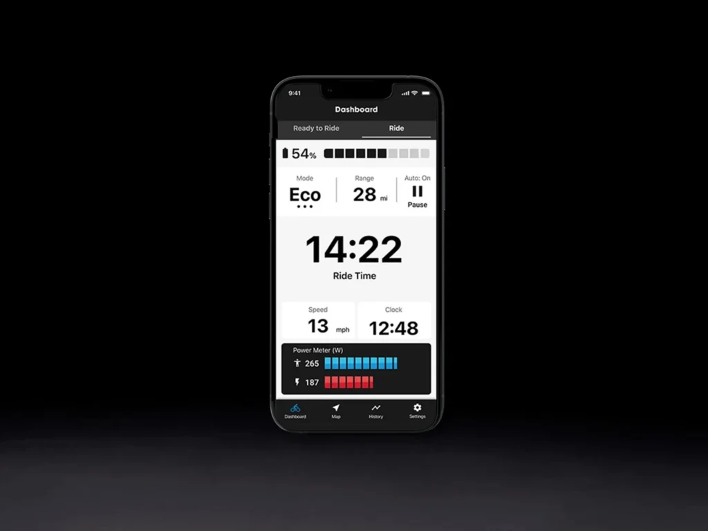 The Trek Central GT app interface displays real-time ride data, including speed, ride time, battery level, estimated range, and power output