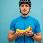 A cyclist in a blue jersey holds a banana