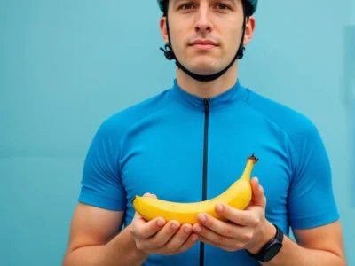 A cyclist in a blue jersey holds a banana