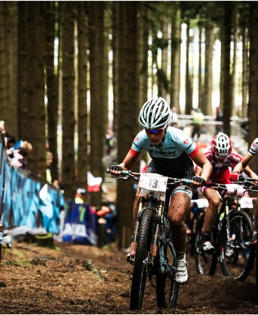 Cyclists compete in a cross-country bike race.