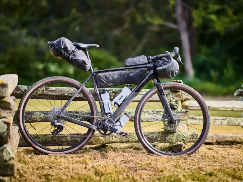 black Trek bike loaded with bikepacking gear