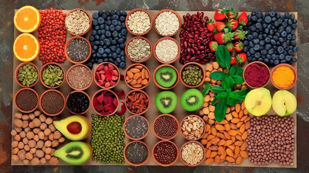 Assortment of fruits, vegetables, nuts, seeds, and grains