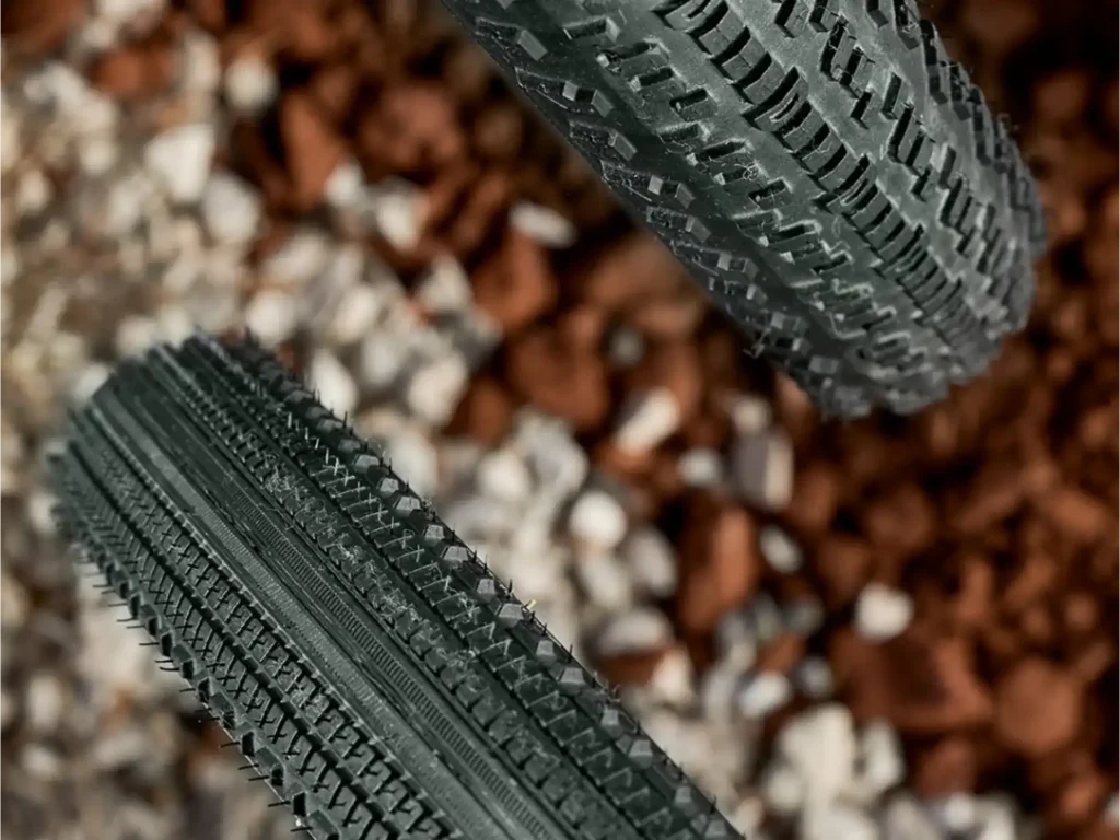 Close-up of a bicycle tire tread.